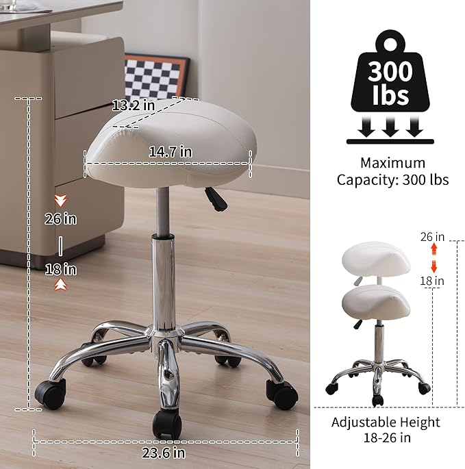 FIRAVOE Saddle Stool, Swivel Saddle Stool with Wheels, Adjustable Rolling Stool 18"-26", Faux Leather Rolling Stool for Salon, Massage, Clinic, Lab, Office, White, 1PCS