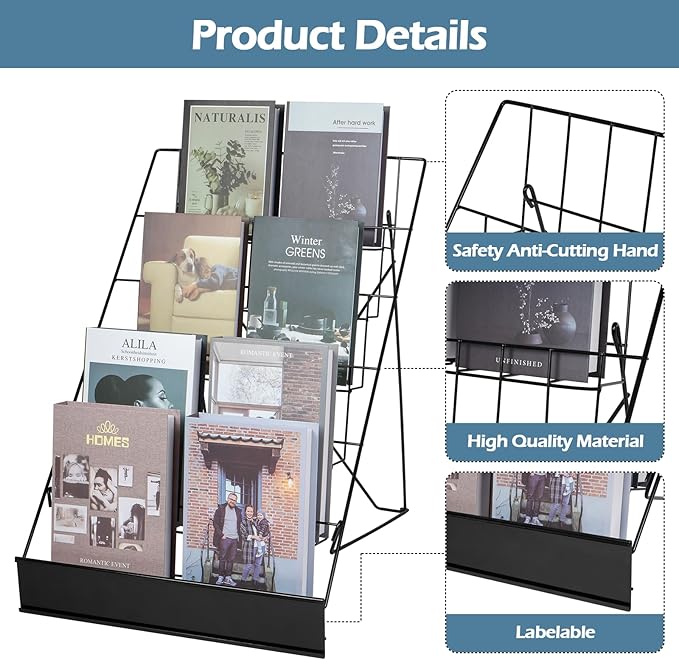 6-Tier 18" Wide Metal Wire Magazine Rack,Table Top Book Display Stand with Sign Channel,Collapsible Commercial Display Holder for Comic,Greeting Card,Literature,Trade Show,Art Print