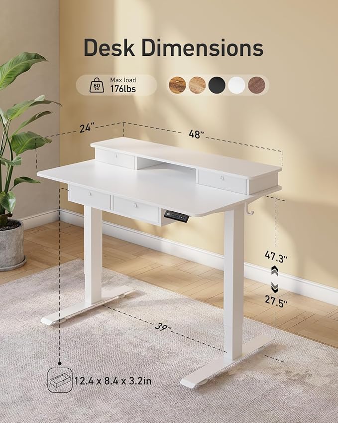 CubiCubi 48" x 24" Standing Desk with Drawers, Electric Height Adjustable Workstation, Computer Sit Stand Up Office Table with Large Storage Shelf, 4 Drawers and 2 Hooks, Warm White