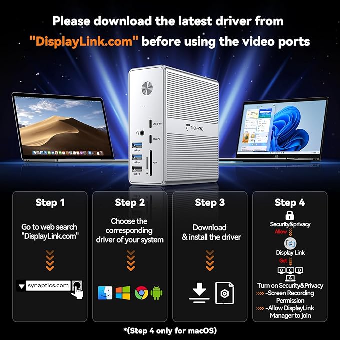 TobenONE 𝗗𝗶𝘀𝗽𝗹𝗮𝘆𝗟𝗶𝗻𝗸 𝗗𝗿𝗶𝘃𝗲𝗿 𝗥𝗲𝗾𝘂𝗶𝗿𝗲𝗱 Docking Station, Supports 3 Monitors, 10Gbps USB, 120W Power Supply, 18W Charging for Phone, Gigabit Ethernet, Audio,Compatible with macOS