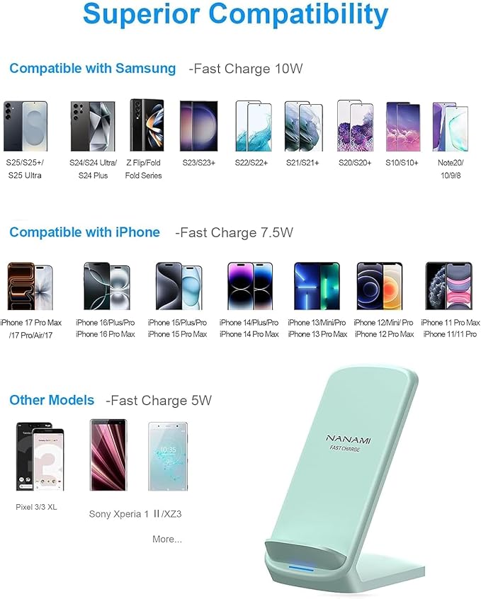 NANAMI Fast Wireless Charger, 10W Max Wireless Charging Stand with PD20W Adapter Charger Compatible for iPhone 17/17 Air/17 Pro/17 Pro Max/16/15/14/13/12,Samsung Galaxy S26/S25/S24/S23/S22/S21/Note 20
