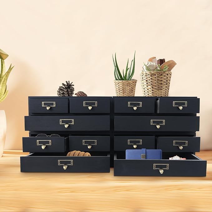 4 Packs Vintage Desktop Apothecary Cabinet with 3 Drawers,Wood Desktop Organizers Stackable Drawers Desktop Chest Drawer for Herb Storage,Tea Collection,Stationery (Black)