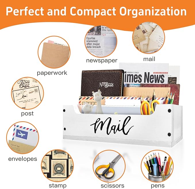 White Wooden Mail Organizer Countertop - Mail Organizer Wall Mounted, Office Mail Holder, Desktop Mail Basket for Counter, Letter Holder Box for Home Office Decor (White + Black, 3.15")