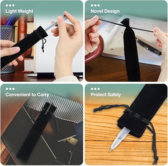 WFPLUS 50 Pieces Velvet Pen Pouch with Drawstring Pencil Sleeve Holders Pen Bag Case Pens Protective for Student Adult Office Business Supplies Gifts (Black)