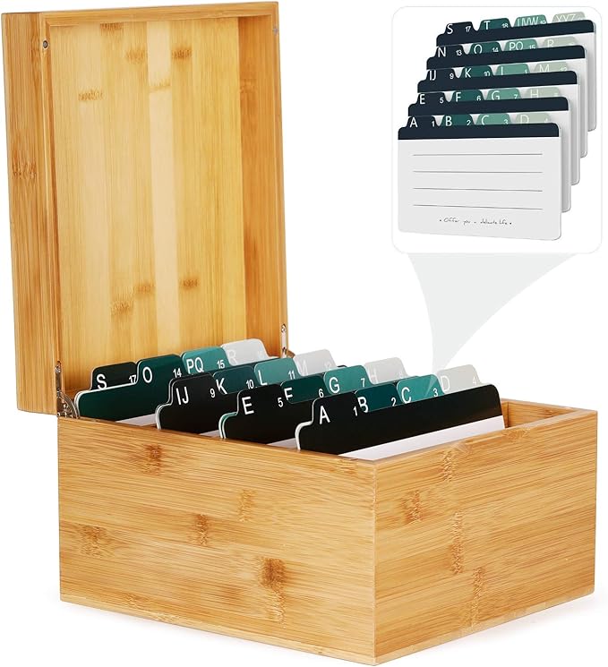 MaxGear Index Card Holder, 5 x 8 Inch Wooden Business Card Organizer for Desk with 3 Dividers, Bamboo Index Cards Box with A-Z Tabs Holds 600 Cards for Recipe Flash Storage