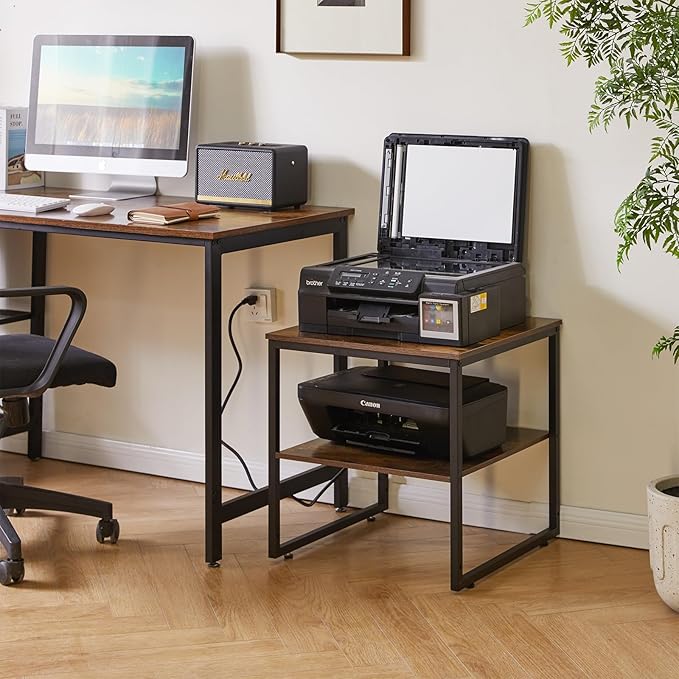 Aibiju Square Side Table with Charging Station and USB Port, 20-inch Multi-Functional Side Table/Printer Table with Adjustable Storage Shelf, Retro Brown YD-TM153HD