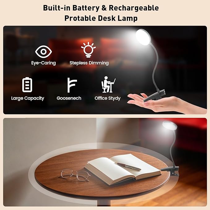 Cordless Clip on Desk Lamp with Clamp, 30 Lighting Modes (6 Colors x 5 Dimming Levels) Eye-Protect 450 Lumen, 360° Flexible Gooseneck & Foldable, Clip on Light for Bed Headboard / Puzzle,Black 2 Pcs