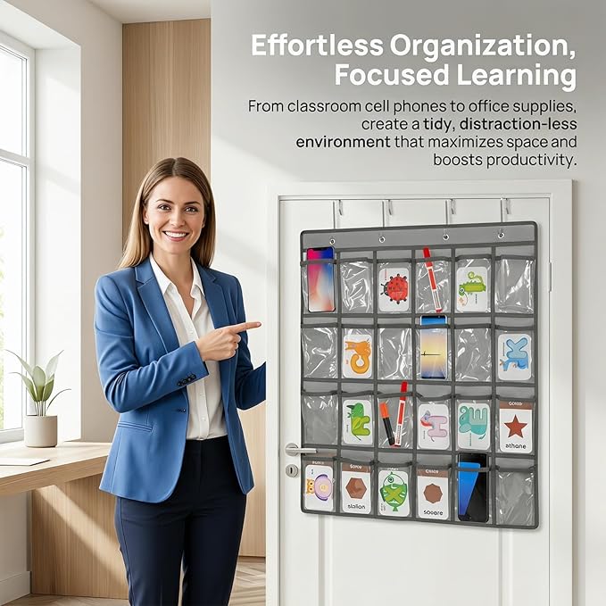 DOITOOL 24 Clear Pockets Classroom Pocket Chart for Cell Phones Calculator Holder Over The Door Hanging Closet Jewelry Organizer Clear Pocket Chart Organizer for Classroom Cellphone Storage