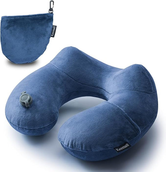 Keemall Inflatable Neck Pillow Airplane, Comfortable Inflatable Travel Neck Pillows for Airplanes Traveling on Plane, Soft Plush Cover Head Neck Rest Sleeping Long Flight for Car Train Office Home