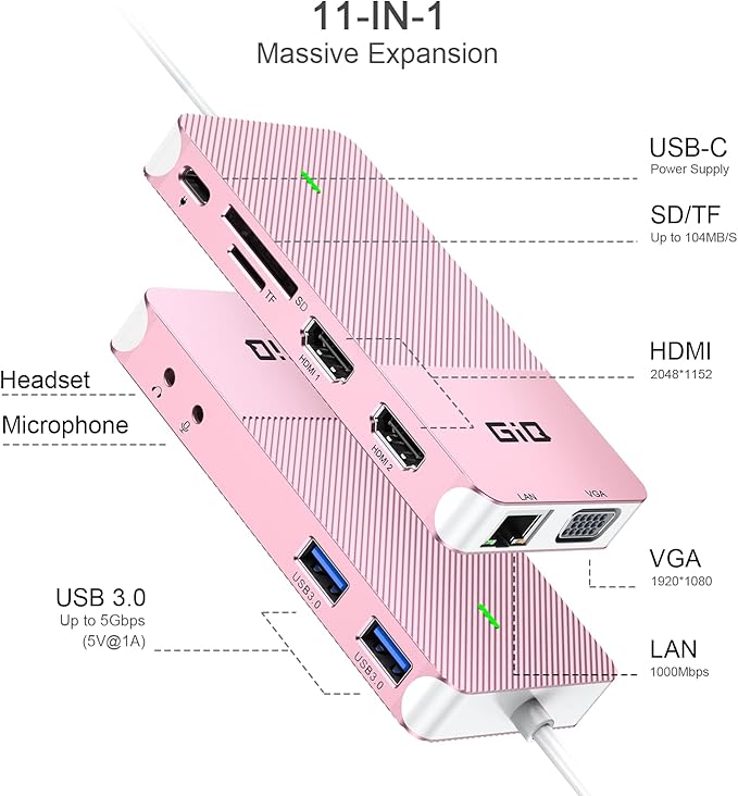 USB Docking Station GIQ USB C hub USB 3.0 to Dual HDMI VGA Adapter Triple Display USB C Laptop Docking Station Dual Display Compatible for MacBook M1 USB Dock-Rose Gold