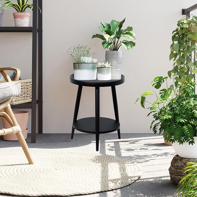 Black Side Table, Modern Side Table 2-Tier, Small Round End Table for Living Room, Metal Frames