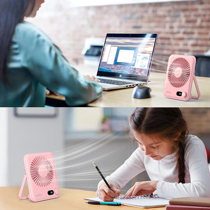 WHATOOK Desk Fan 2 Pack: 100 Speeds Stepless Control 5000mAh Battery Operated Portable Fan, Rechargeable Table Fan for Cruise Ship Essentials, Gift for Couples, Dorm, Office, Bedroom(Pink and Purple)