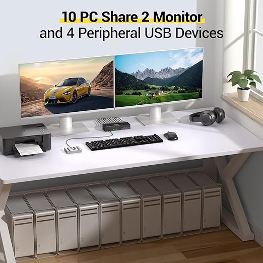 10 Port HDMI KVM Switch 2 Monitors 10 Computers 4K@60Hz EDID Simulation,Dual Monitor KVM Switch with 4 USB 3.0 Ports for Keyboard Mouse Printer,Audio RS232,with Controller,12V Power and 10 USB Cables