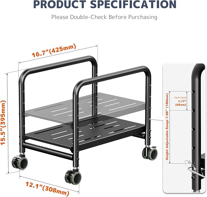 PUTORSEN Computer Tower Stand Under Desk - Height Adjustable PC Stand for Most Mid-Tower, Rolling CPU Holder with 360° Locking Wheels, Max Load 66 lbs, Black