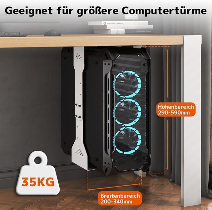 PUTORSEN Under Desk PC Mount, 7.9-13.4’’ Width Adjustable Computer Tower Stand, up to 77 lbs, with Protective Mats, for Mid/Mini-Tower Case in Office,Gaming, Laboratory and Home, White
