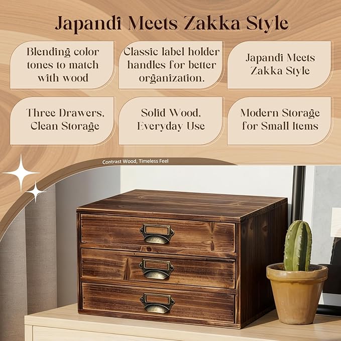 Stackable Modular Desktop Drawer Organizer, Solid Vintage Wood 3-Drawer Storage Unit with Label Pull Handles, Burnt Aged Wooden Japandi Style, Expandable by Adding More Units for Clutter-Free Spaces