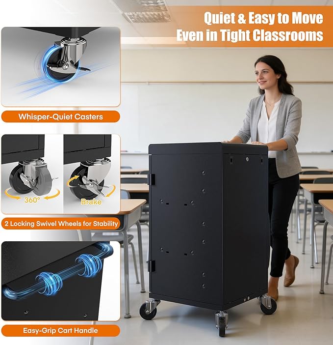 Laptop Charging Cart,30 Charging Station for Chromebook and iPad - Black Computer Charging Cart with Cable Management & Charger Organization for School Classroom & Office, Assembly Required