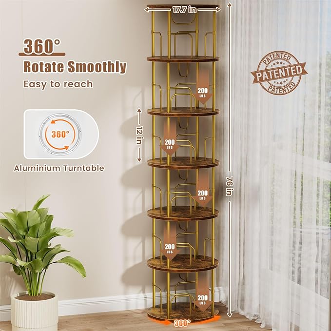 ALLSTAND 6 Tier Rotating Bookshelf, 360 ° Display Stackable Spinning Bookshelf Tower, Corner Bookshelf Tall Floor Standing Swivel Bookcase Narrow Storage Organizer for Bedroom, Living Room, Gold