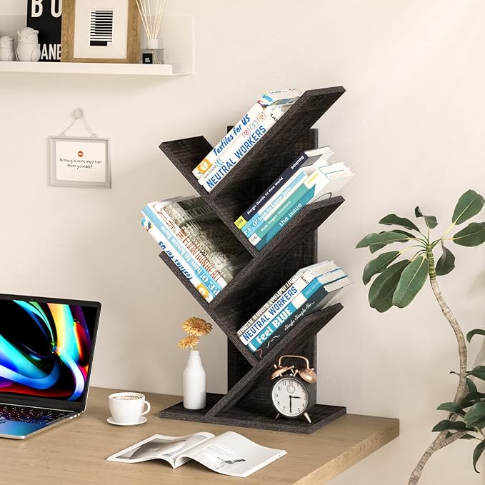 SHEEPAM 5 Tier Tree Book Shelf, Small Desktop Bookshelf with Storage Organizer, Wood Bookcase, Desk Display Bookshelves, Floor Standing Organizer Bookcases for Living Room,Bedroom,Office-Dark Grey