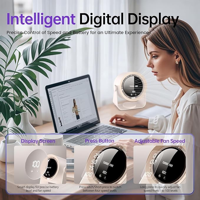 Desk Fan, USB Rechargeable Quiet Desktop Fan with 5400mAh Battery & LED Display, Adjustable Speed Control, 90° Tilt Head Hangable Table Fan for Office, Bedroom, Dorm, Kitchen (Deep Sky Grey)