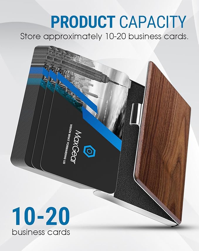 MaxGear Walnut Wood Business Card Holder for Men & Women, Professional Walnut & Stainless Steel Card Case for Business Cards, Slim Name Cards Holders with Interior Lining, Buckle Style Shut, Black