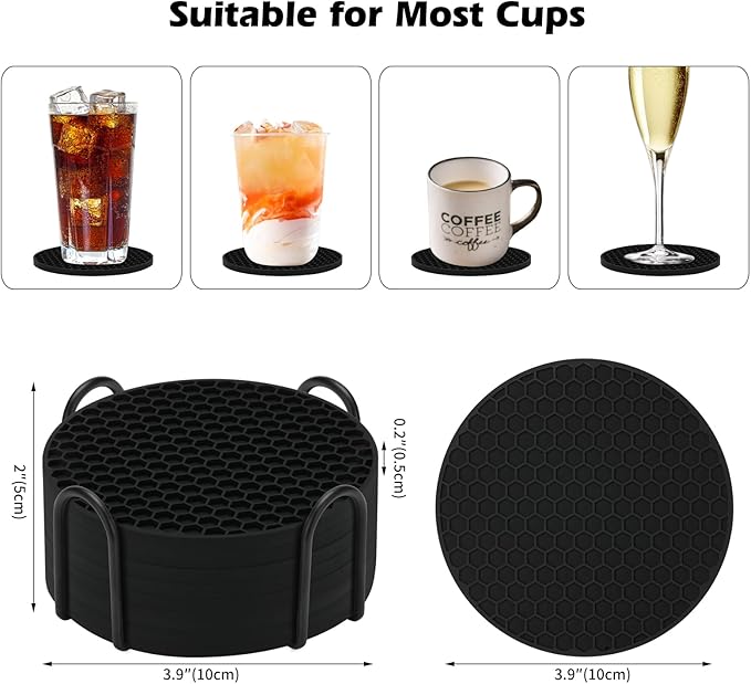 TWTLi Silicone Coasters Set of 8 with Holder,Coasters for Drinks,Beer,Coffee Coasters,Suitable for Kinds Cups,Hot or Cold,Anti-SLI,Non-Stick,Anti-Overflow Tabletop Protection and Decor (8 Pcs, Black)