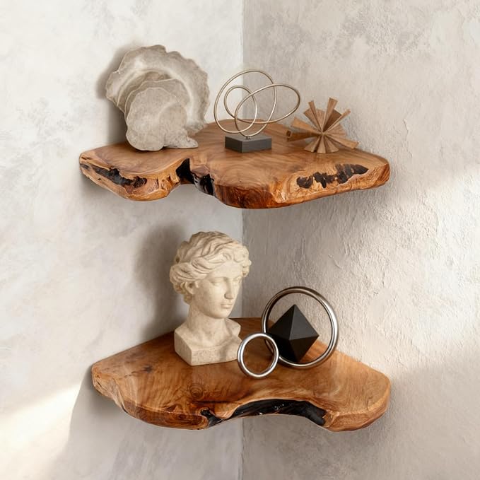 WELLAND Floating Corner Shelf Set of 2 Wall Mounted,10.86 x 11.5 inches for Living Room, Bedroom Bathroom, Rustic Space-Saving Corner Storage Shelf for Home Decor and Organization