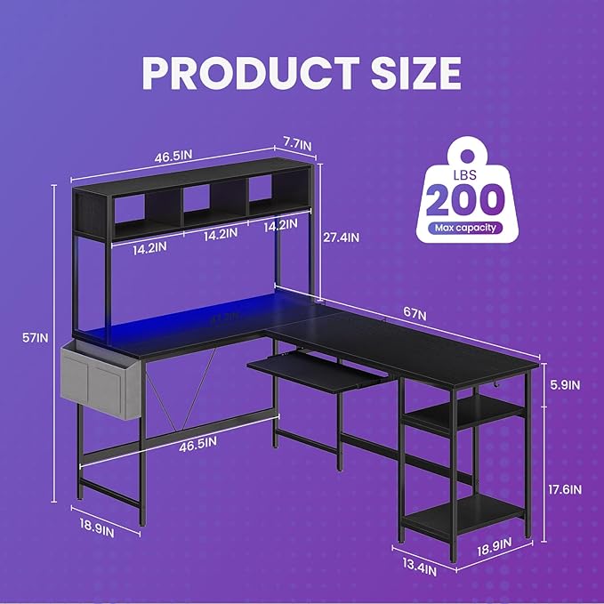 DUMOS L Shaped Gaming Desk 67", Reversible Computer Desk with LED Lights, Corner Desk for Small Spaces with Keyboard Tray & Storage Shelf, Metal Frame PC Gaming Table for Home Office Bedroom, Black
