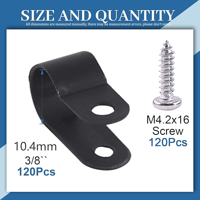 Glarks 120Pcs 3/8 Inch Black Nylon Screw Mounting R-Type Cable Clip Wire Clamp with 120Pcs Screws for Wire, Cable, Conduit and Cable Conduit Kit (Black)
