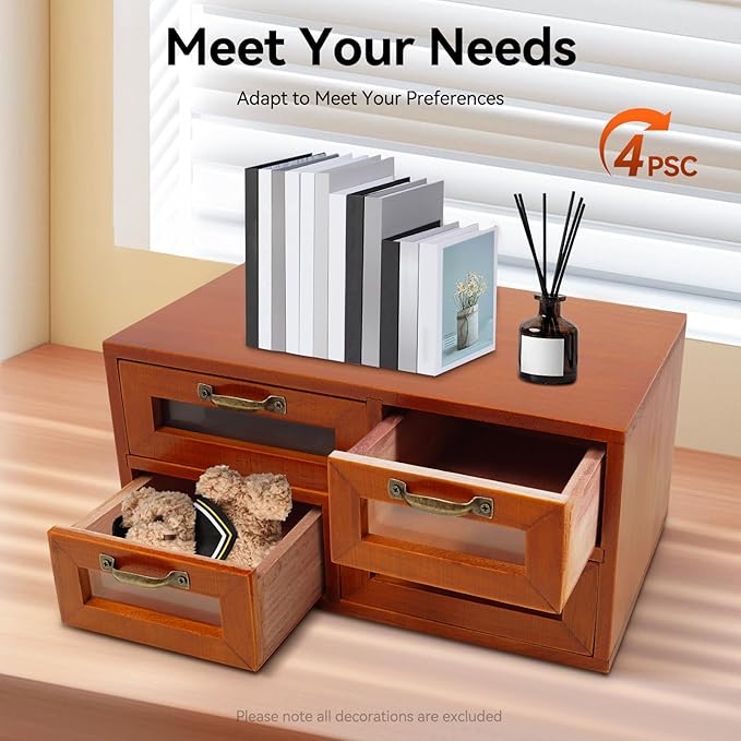 4 Pcs Vintage Wooden Storage Box, 16 Drawer Desktop Organizer for Home Office Organization, Brown Storage Cabinet for Storing Small Items like Cosmetics and Cards