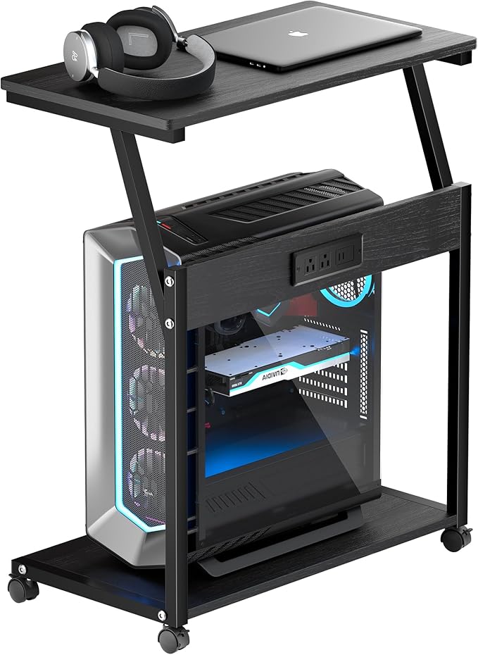 FANXIYQ Computer Tower Stand with 360° Locking Casters, 5 Height Adjustable Mobile CPU Cart, Under Desk PC Holder for Gaming Desktop, Home Office Organization, Black