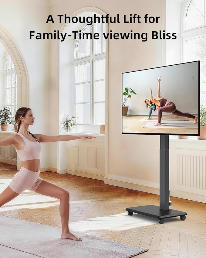 Motorized Mobile TV Stand on Wheels for 32-75 Inch TVs up to 176 lbs, Electric Height Adjustable Rolling TV Cart, Heavy Duty Portable Rolling TV Stand, Smart Remote with Memory Presets, Black
