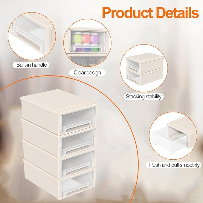12 Quart Plastic Stacking Drawers, Stackable Desktop Storage Unit Drawers, 4 Packs