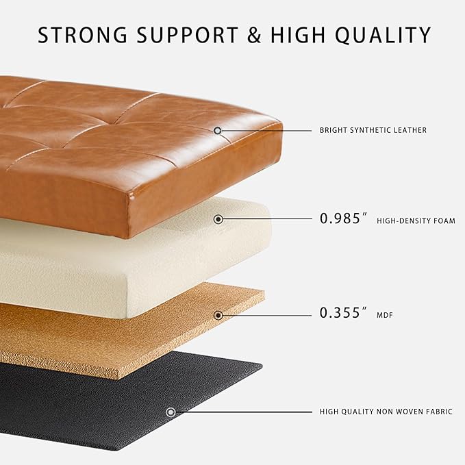 HAUSFRAU Storage Ottoman Bench with Flipping Lid, 43.3 Inches Storage Chest Footsrest, Folding Foot Stool for Entryway, Living Room, Bedroom, Synthetic Leather Retro Brown