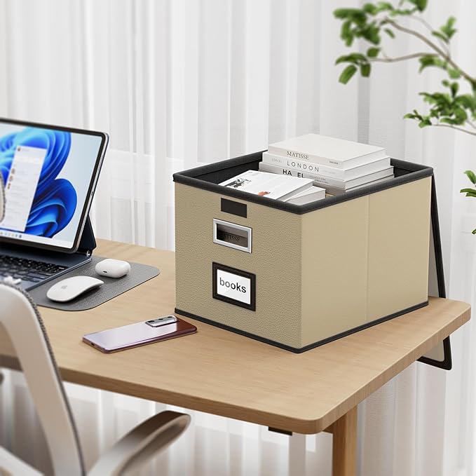 File Organizer Boxes with Lids, Collapsible Faux Leather Hanging File Folder Box Organizer with Plastic Slide, Decorative Home/Office Filing System Boxes for File and Folders Storage