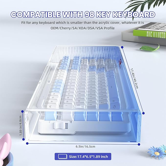 ZIYOU LANG KC04 Acrylic Clear Transparent Keyboard Cover(17.4*6.5*1.89’’) with Dustproof Waterproof Anti-hit Anti-cat Protective Case for Compact Layout 94/96/98Key Mechanical Gaming Keyboard(Blue)