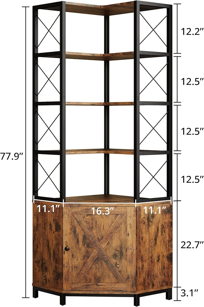 IRONCK Corner Bookshelf with 5-Tier Open Shelves, 77.9" Tall L-Shaped Bookcase with Enclosed Cabinet, Adjustable Feet, Anti-Tip Device, Walnut