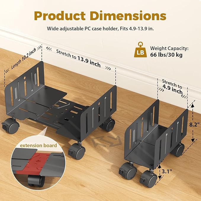JOY worker Computer Tower Stand, 4.9 to 13.9 inch Wide Adjustable Mobile PC Cart with 5 Wheels, Steel Tower Floor Stand Holds Up to 66 lbs, Rolling Gaming CPU Holder Under Desk, Black