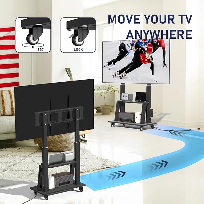 Mobile TV Cart with Power Outlet Rolling TV Stand for 42 to 100 inch Television Heavy Duty Portable TV Stand on Wheels, Height Adjustment, Holds Up to 180 LBS, Vesa 200×200-900×600mm