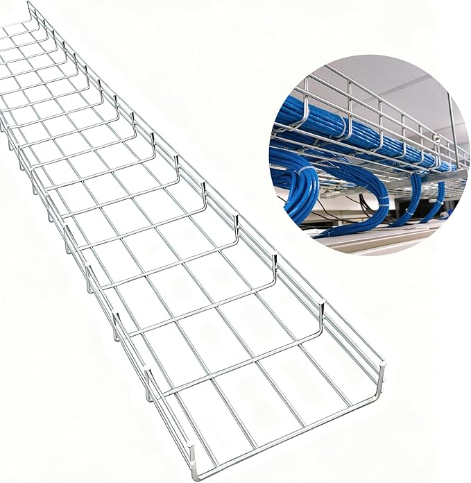 Wire Mesh Cable Tray, 60" x 8" x 4" | Zinc Plated Steel Cable Management Rack, Adjustable Cable Basket for Network, AV, Fiber Optic, Garage & Office Use(2Pcs)