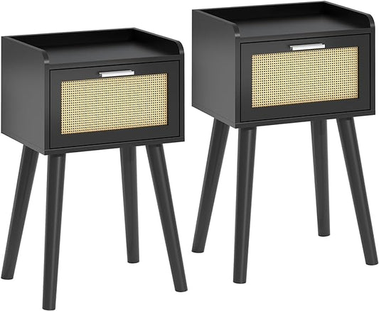LAATOOREE Nightstand Set of 2, Small Black Bedside Table, End Table with Rattan Door, Boho Side Table with Solid Wood Legs for Bedroom Living Room Small Space