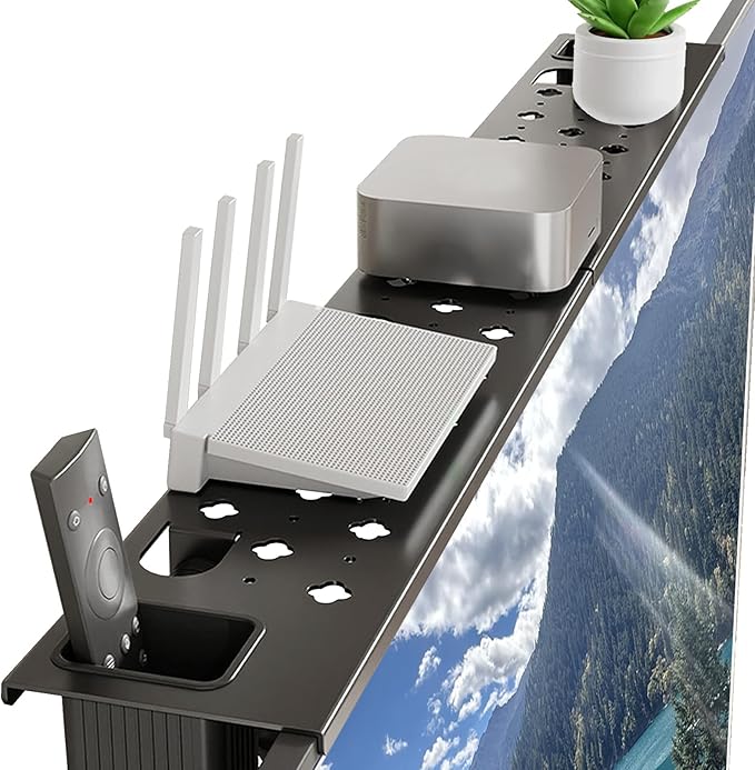 Steel TV Top Shelf, No Drilling Soundbar Mount,Monitor Shelf Adjustable Computer TV Screen Shelf Mount Bracket for Media Boxes, Router, Game Console, Remote,Cable Box Shelves,33.46 x 4.33inch