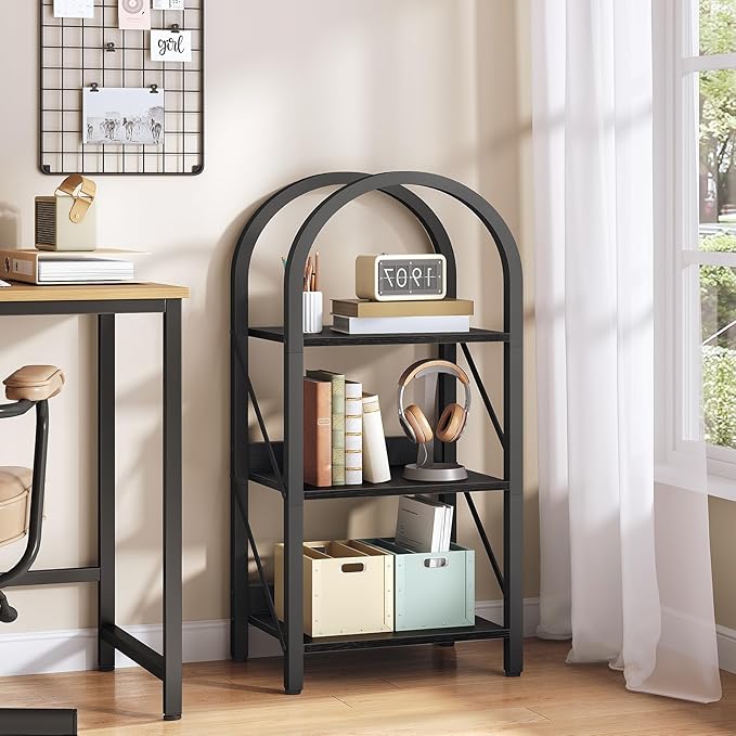 HOOBRO Bookshelf, 3-Tier Arched Bookshelf, Industrial Bookcase with Metal Frame, Book Shelf Storage Organizer for Living Room, Office, Bedroom, Black BB423SJ01