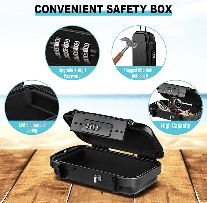 HUANLANG Portable Safe Lock Box with Combination Lock Mini Beach Travel Safe Waterproof Small Lockable Boxs with Removable Wire Rope Combination Lock Box for Dorm,Travel,Beach,Hotel,Car,Home,Office