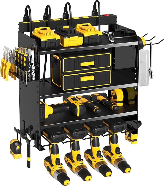 Power Tool Organizer Wall Mount wtih Charging Station,4 Drill Holder Wall Mount with 8 Outlet Power Strip,Heavy Duty Tool Rack with Hooks,Screwdriver Organizer in Garage(Glossy Black,4 Layer)