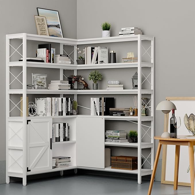 Wildhome 6-Shelf Corner Bookshelf, Vintage Industrial Corner Shelf Etagere Bookcase, Large Book Shelf with Metal Frame Open Storage Corner Cabinet (White-Lockers, Large)