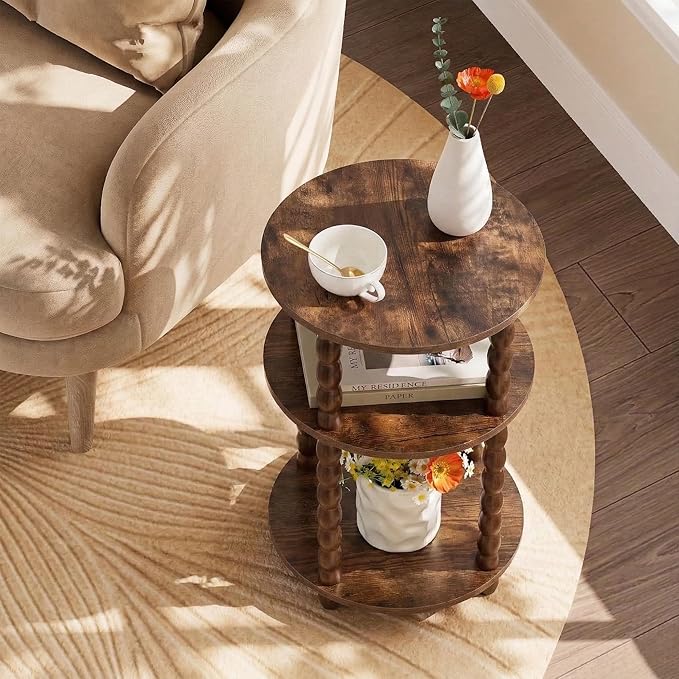 Round Side Table with 3-Tier Shelves, Small End Table with Solid Wood Legs for Living Room Bedroom, Modern Circular Coffee Table Nightstand for Small Spaces, Easy No-Tool Assembly