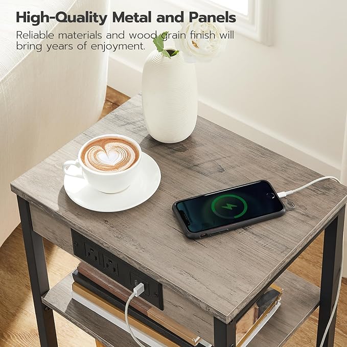 HOOBRO Side Table with Charging Station and USB Port, Small End Table for Small Space, 3-Tier Nightstand with Adjustable Shelf, for Living Room, Bedroom, Greige and Black BG112BZ01