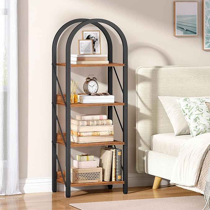 HOOBRO Bookshelf, 4-Tier Arched Bookshelf, Industrial Bookcase with Metal Frame, Small Book Shelf Storage Organizer for Living Room, Office, Bedroom, Rustic Brown and Black BF424SJ01