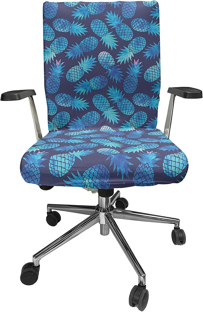 Ambesonne Modern Office Chair Cover, Pineapple Pattern Exotic Fruit in Digital Watercolor Illustration, Stretchable Decorative Universal Size High Back Printed Slipcover, Night Blue